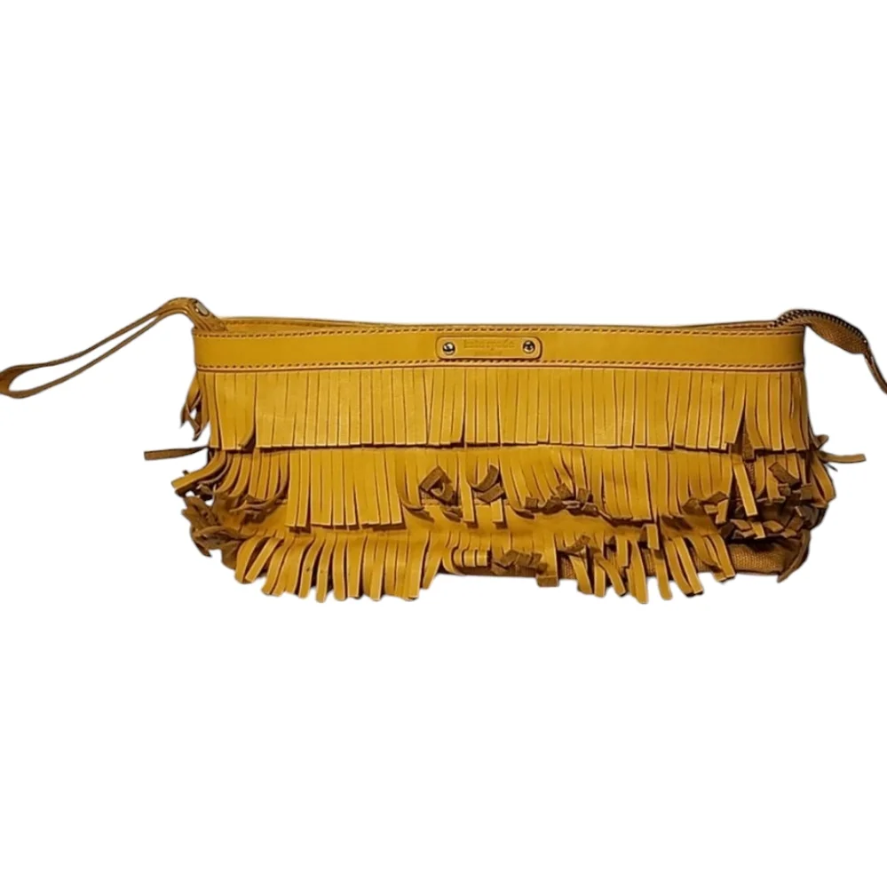 Kate Spade dark yellow fringe leather hippie boho soho clutch wristlet handbag‎